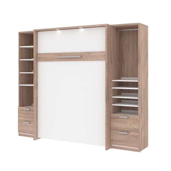 Cielo 99W Full Murphy Bed and 2 Narrow Shelving Units with Drawers (98W), Rustic Brown & White